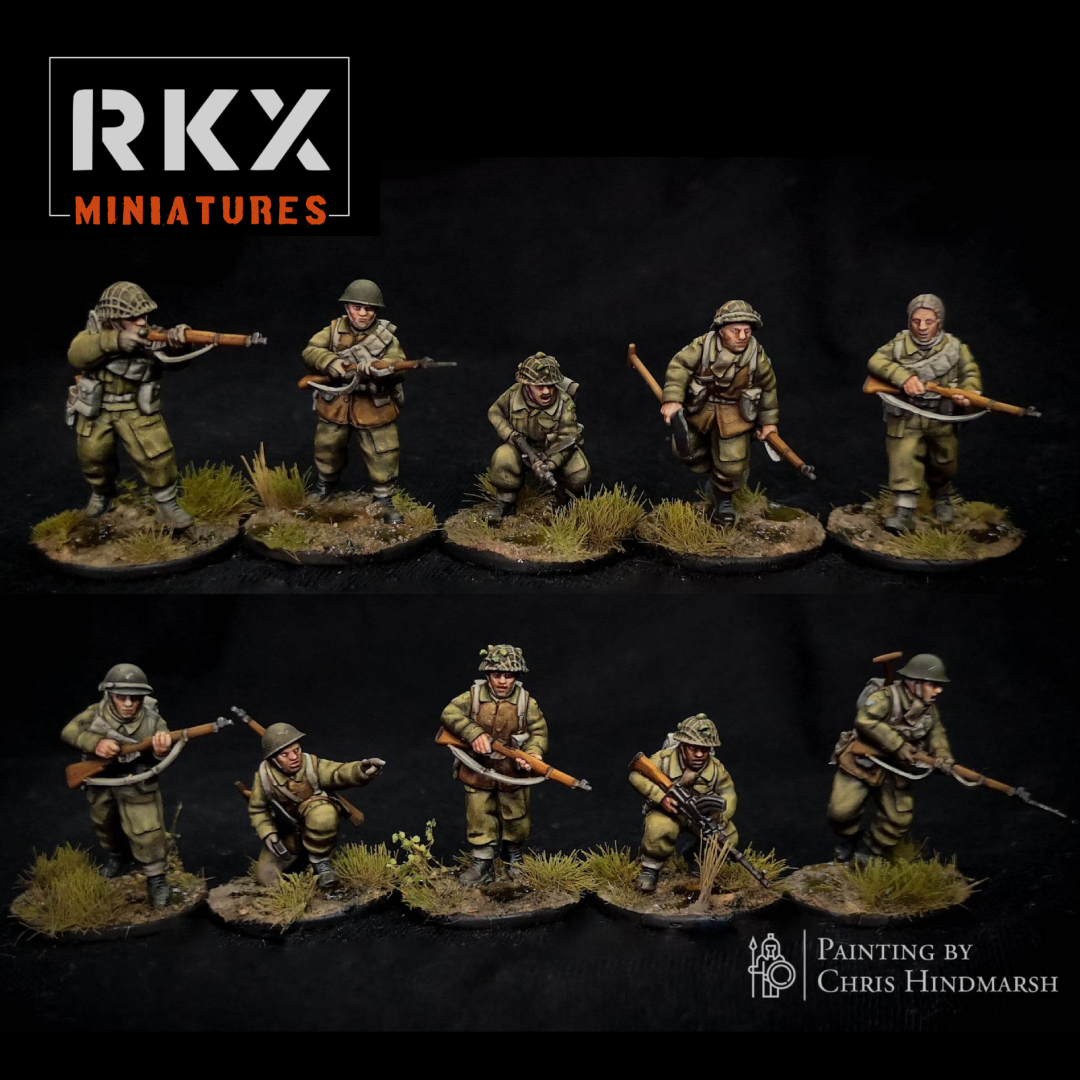 Canadian Rifle Section 1 de RKX Miniatures composée de dix fantassins canadiens en résine 28 mm compatibles avec Bolt Action, Chain of Command et Battlegroup.
