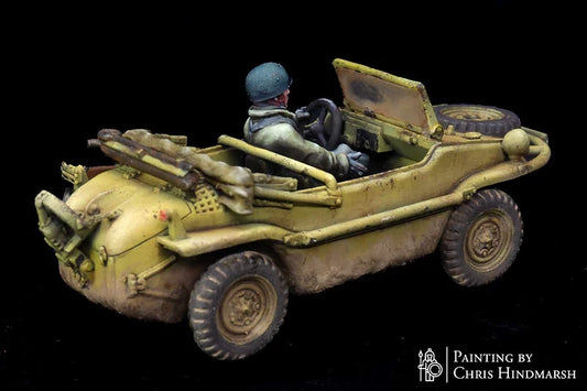 Vue arrière d'une Jeep amphibie Schwimmwagen, détails de l'hélice et de l'équipement, impression 3D haute résolution pour wargames historiques et modélisme militaire.