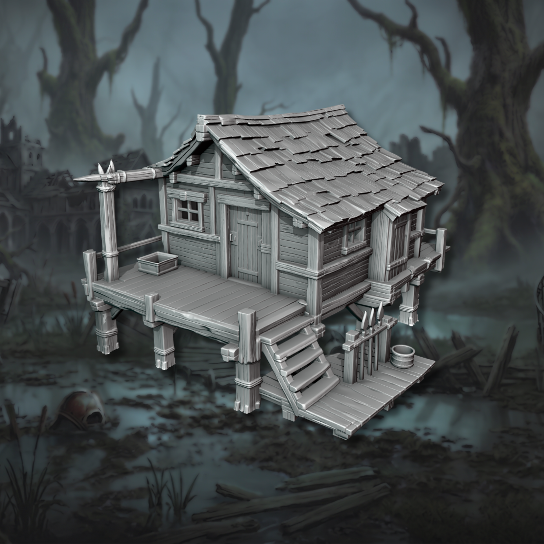 Impression 3D en plastique PLA de la cabane sur pilotis Fisherman Hut avec ponton inférieur et escalier, pour jeux de figurines fantastiques et MESBG, design Ashfall Chronicles.