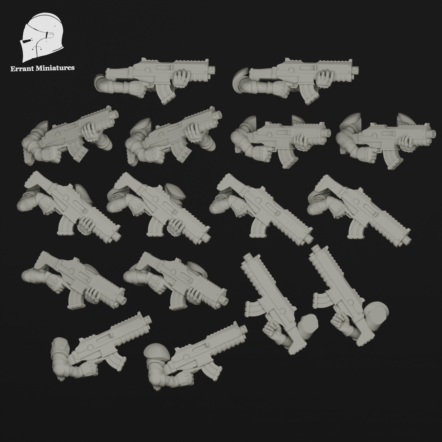 Pack de fusils lourds Imperial Contractors pour figurines de science-fiction 28-32 mm avec plusieurs poses de tir.