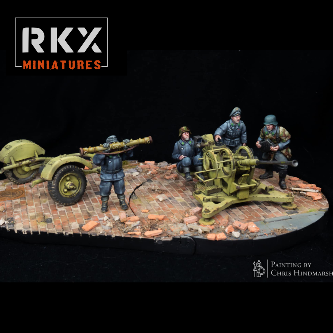Canon Luftwaffe FLAK 38 de 20 mm avec son équipage, figurines en résine 28 mm de RKX Miniatures pour jeux de figurines historiques.