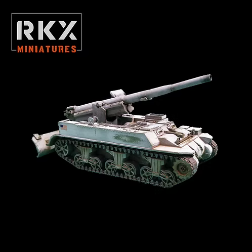 Maquette en résine du véhicule d'artillerie américain M12 Gun Motor Carriage (GMC) avec canon de 155mm, échelle 28mm, design par RKX Miniatures.