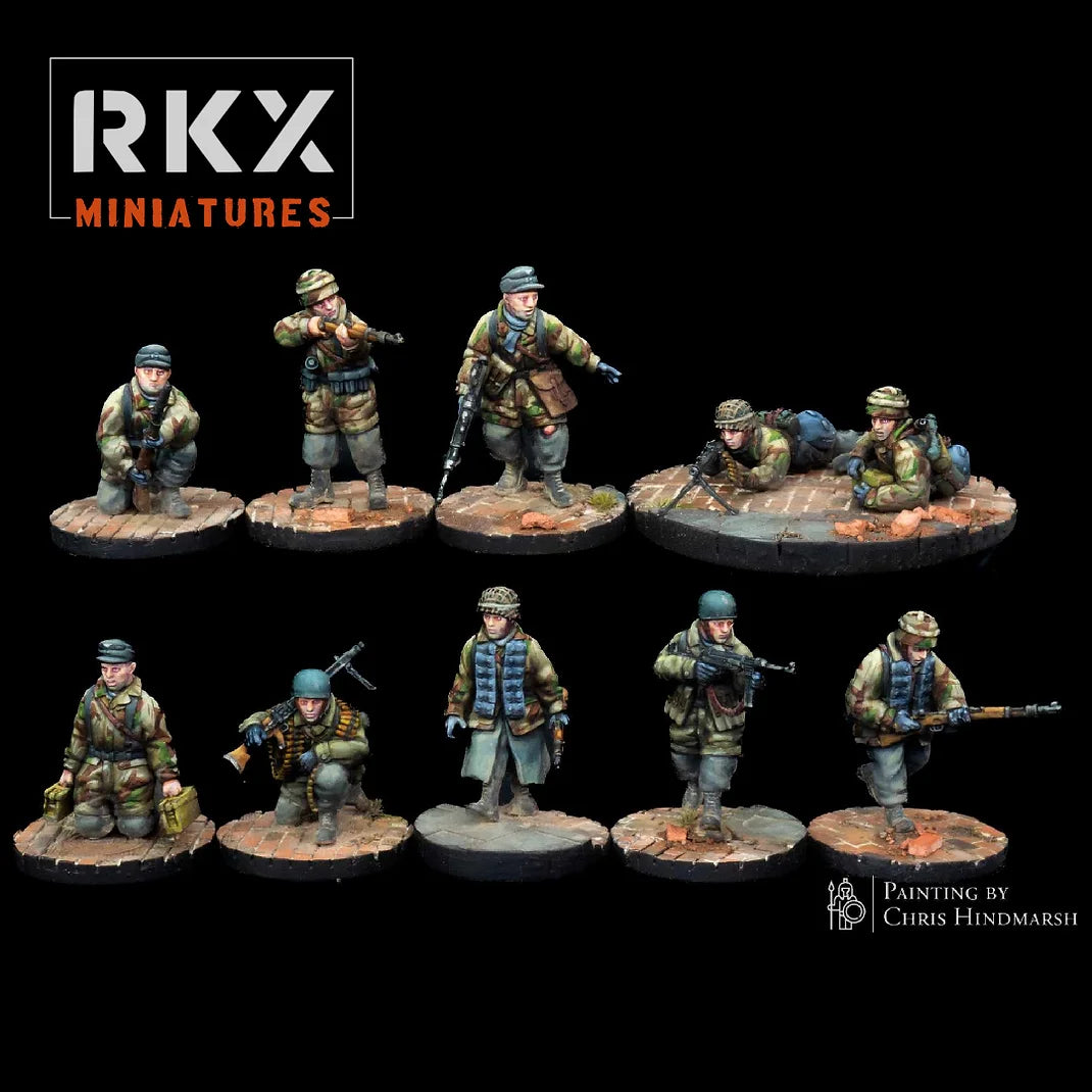 Escouade de parachutistes allemands Fallschirmjäger Rifle Squad pour Bolt Action, groupe de combat complet en résine impression 3D, échelle 28mm 1/56, peinture de collection par Chris Hindmarsh.