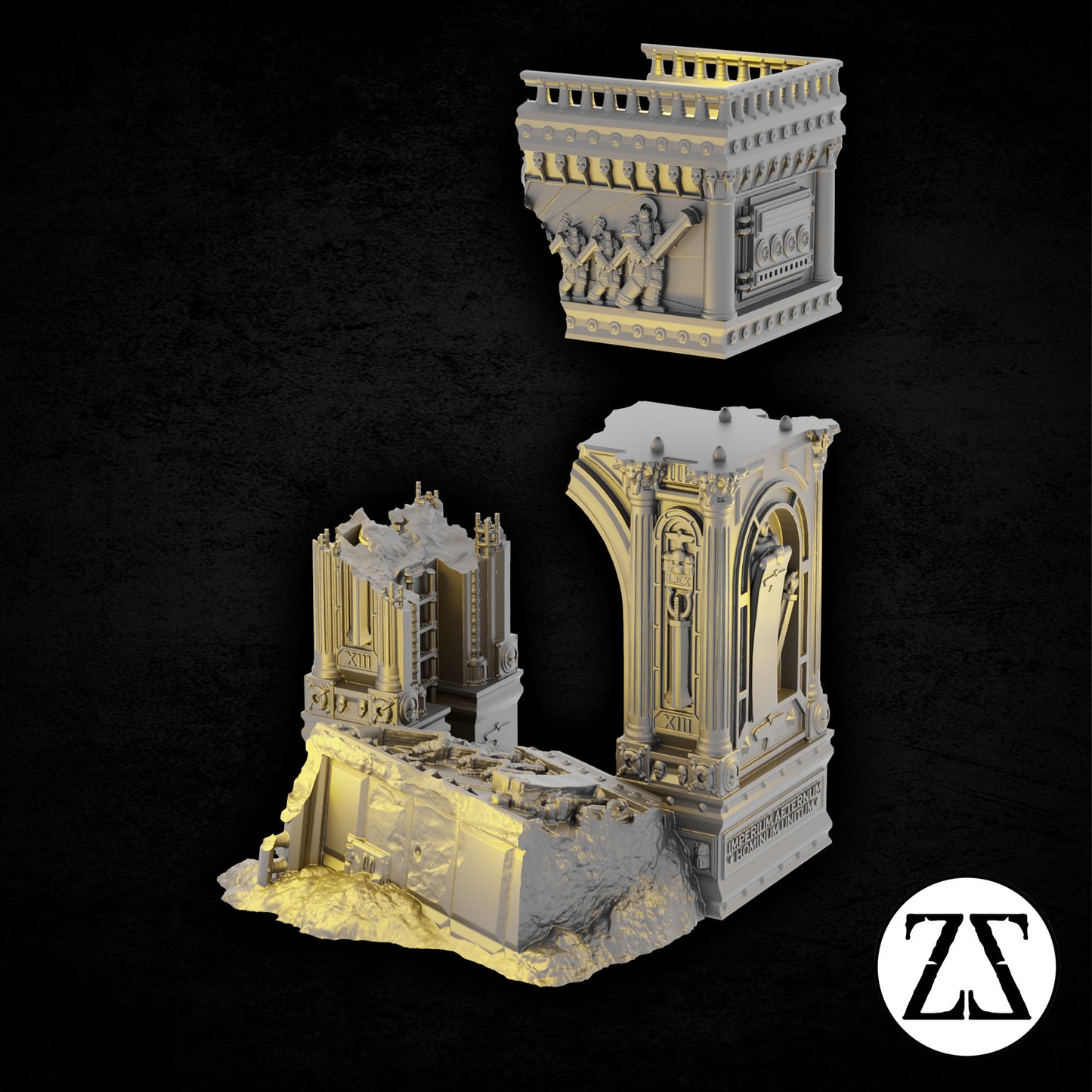 Ruines du Triumvate Arch avec fragments monumentaux et gravats pour table de jeu science-fiction.