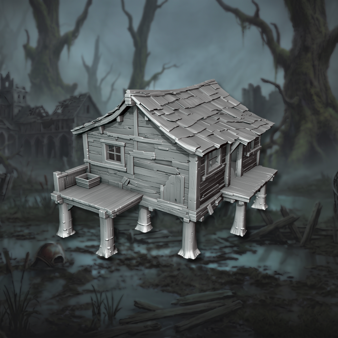 Impression 3D en plastique PLA de la cabane sur pilotis Worker Living Hut avec petites plateformes latérales, pour wargames de fantasy et MESBG, design Ashfall Chronicles.