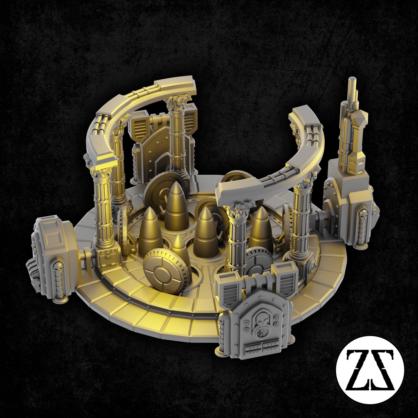 Acumen Plaza Missile Battery ouverte avec missiles visibles de la gamme Zorpsector Rome pour jeux de figurines science-fiction 28 à 32 mm.