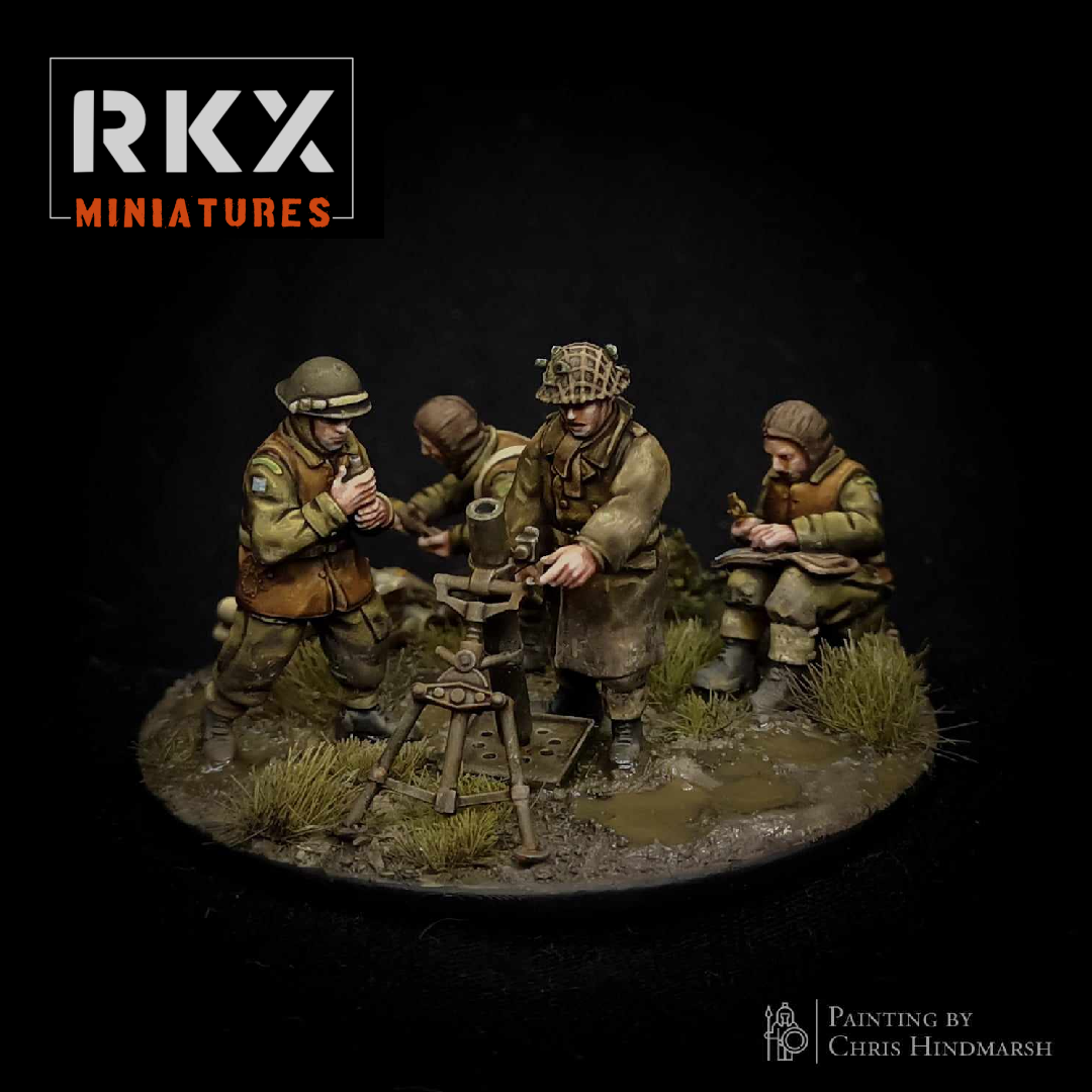 Équipe Canadian 3" Mortar Team de RKX Miniatures en résine 28 mm compatible avec Bolt Action, Chain of Command, Battlegroup et autres jeux de figurines historiques.