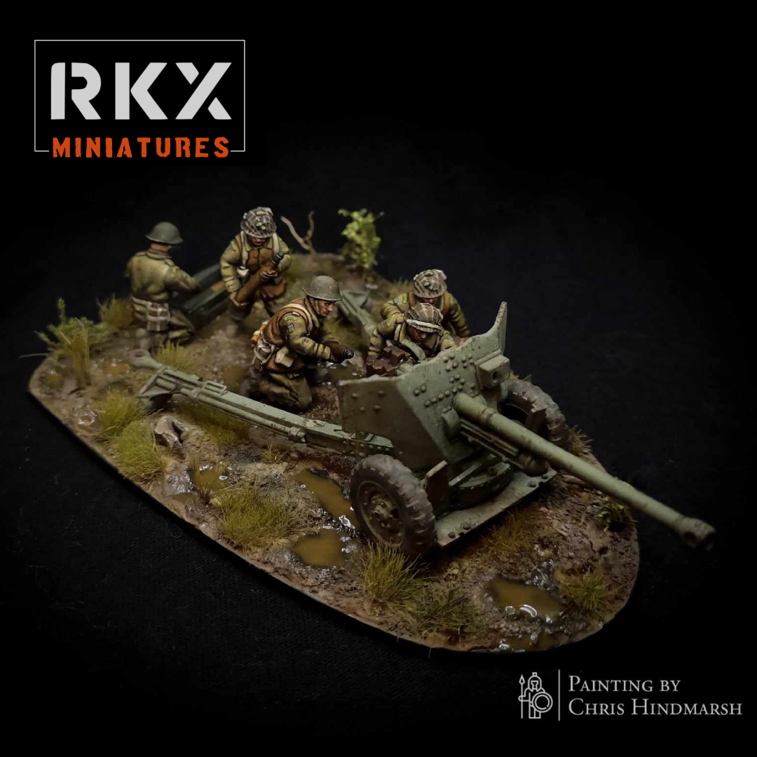 Canadian 6pdr Anti-tank de RKX Miniatures avec son équipage en résine 28 mm compatible avec Bolt Action, Chain of Command, Battlegroup et autres jeux de figurines historiques.