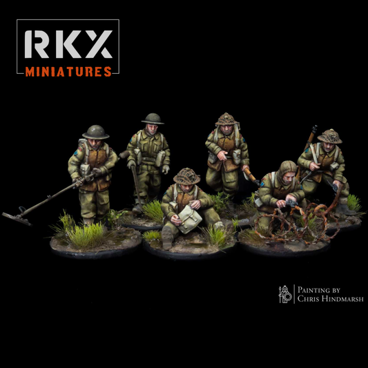 Unité Canadian Engineers de RKX Miniatures composée de six sapeurs canadiens en résine 28 mm pour jeux de figurines historiques.