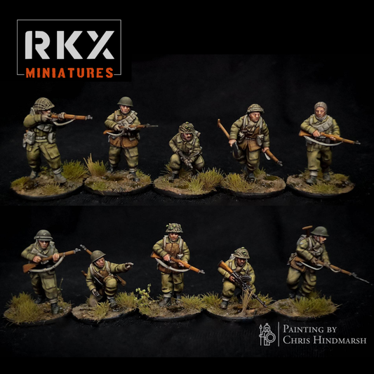 Canadian Rifle Section 1 de RKX Miniatures composée de dix fantassins canadiens en résine 28 mm compatibles avec Bolt Action, Chain of Command et Battlegroup.