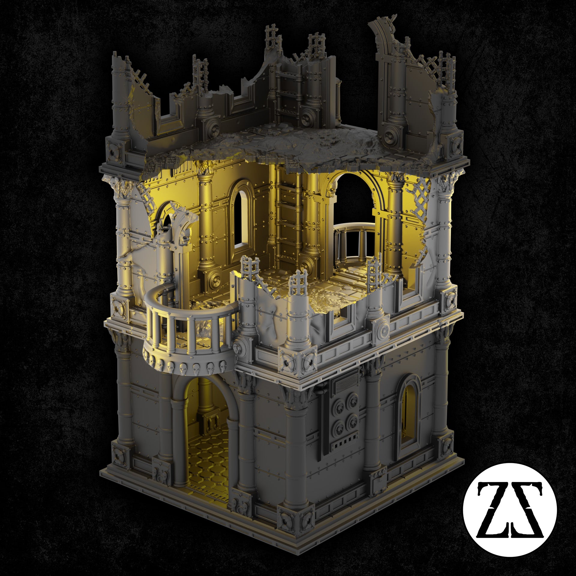Exemple d'assemblage du module Civis Tower Transition Ruine intégré à une tour modulaire sci-fi.