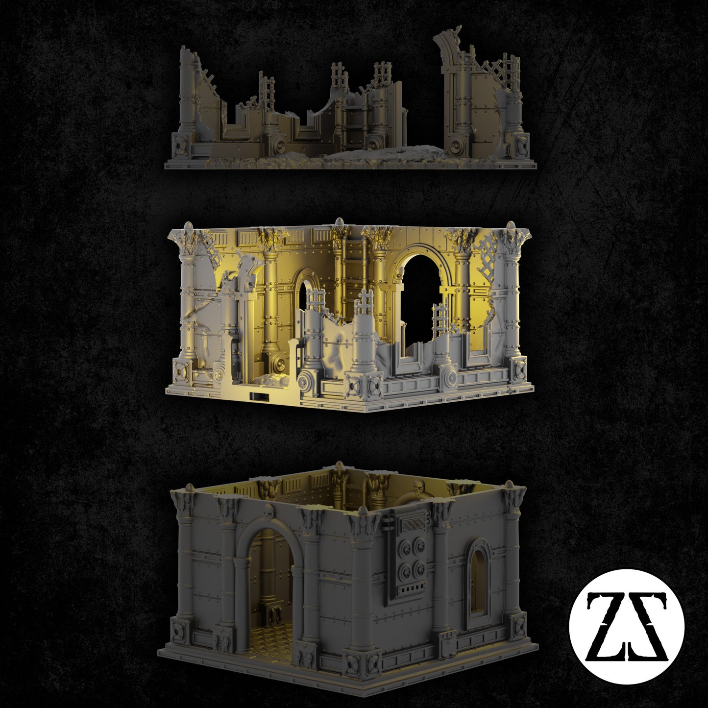Détail de l'intérieur jouable du module Civis Tower Transition Ruine avec architecture endommagée.