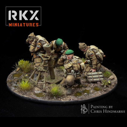 Commando 3" Mortar Team de RKX Miniatures avec quatre commandos britanniques servant un mortier de 3 pouces en 28 mm.