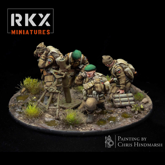 Commando 3" Mortar Team de RKX Miniatures avec quatre commandos britanniques servant un mortier de 3 pouces en 28 mm.