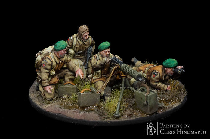 Équipe de mitrailleuse Vickers de commandos britanniques RKX Miniatures avec tireur, servants et observateur en 28 mm.
