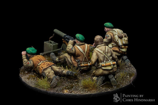 Vue arrière de la Commando Vickers Machine Gun Team de RKX Miniatures avec quatre commandos britanniques et mitrailleuse Vickers en 28 mm.