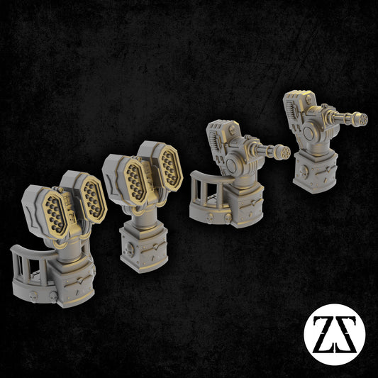 Modules d'armement modulaires Defence Cannon comprenant canons Gatling, lance-missiles et canons laser pour décors futuristes.