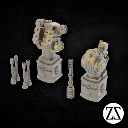 Différentes configurations des systèmes d'armes Defence Cannons pour bâtiments et décors futuristes.