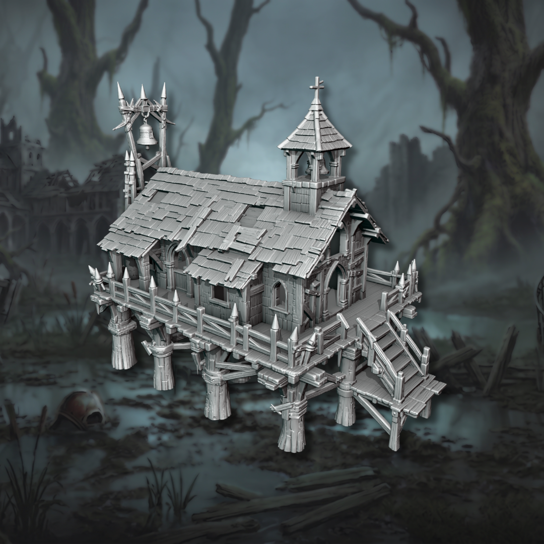 Impression 3D en plastique de l'église en bois sur pilotis Desecrated Church avec clocher, idéale comme grand bâtiment pour MESBG, design Ashfall Chronicles.