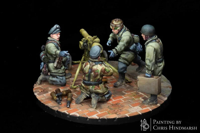 Détail du canon Leichtgeschütz 40 de 75mm avec servants Fallschirmjäger, figurine historique haute résolution pour wargame, camouflage parachutiste et socle urbain RKX Miniatures.