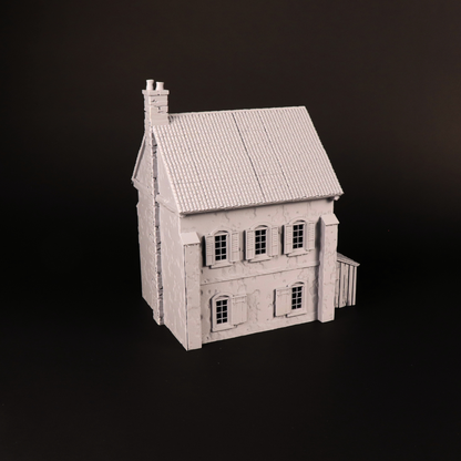 Vue arrière de la Farmhouse, décor de maison rurale normande pour table de jeu historique 28 mm