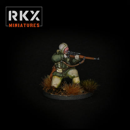 Tireur d'élite US Army hiver 28mm en résine avec fusil à lunette par RKX Miniatures.