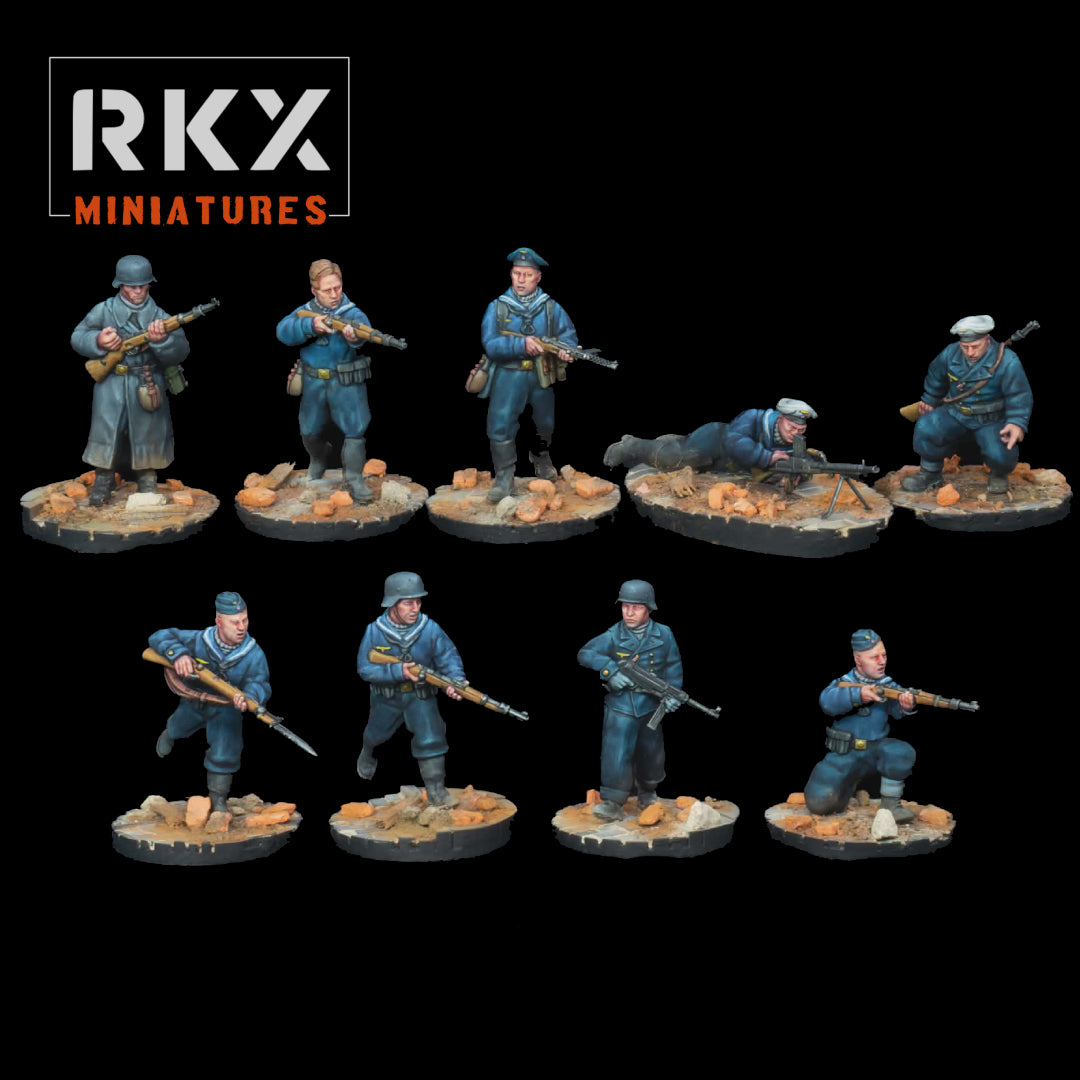 Escouade de 9 figurines d'infanterie Kriegsmarine 28mm en résine par RKX Miniatures pour Bolt Action.