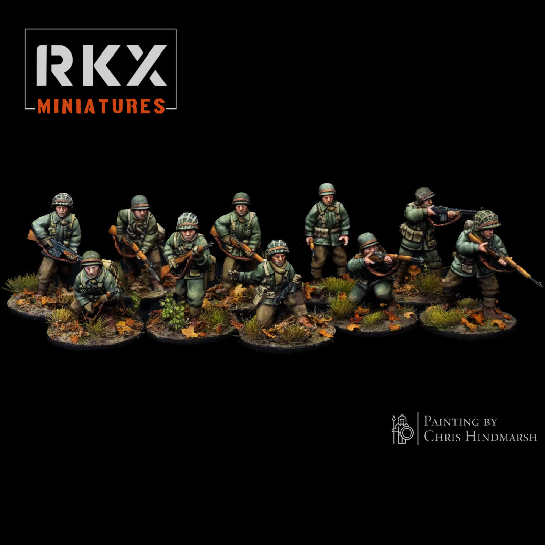 Escouade d'infanterie US Rifle Squad de 10 figurines 28mm en résine pour Bolt Action par RKX Miniatures.