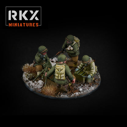 Équipe de mortier 60mm US Army hiver 28mm avec servants et munitions en résine par RKX Miniatures.