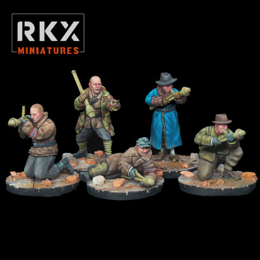 Groupe de 5 figurines Volkssturm avec Panzerfausts 28mm en résine par RKX Miniatures.