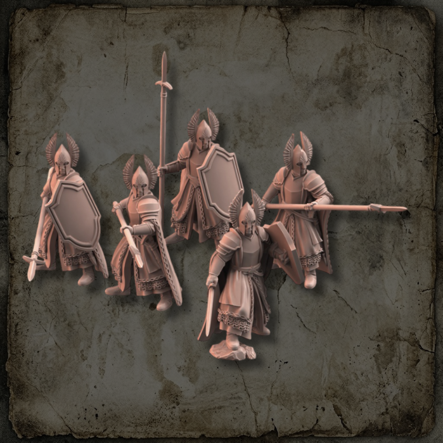 Escouade de cinq Gardes de la Citadelle avec épées, lances et boucliers, figurines fantasy 28 mm.