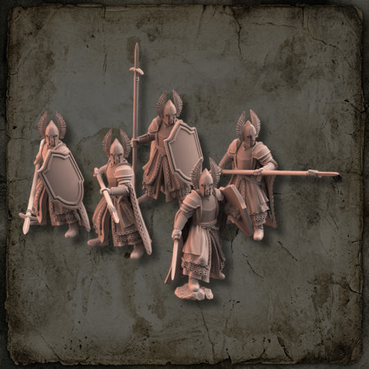 Escouade de cinq Gardes de la Citadelle avec épées, lances et boucliers, figurines fantasy 28 mm.