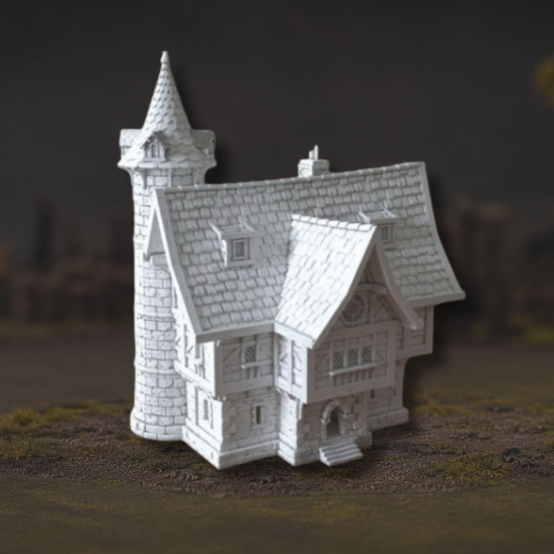 Maison médiévale à colombages avec tour pour Mordheim, The Old World et wargame fantasy