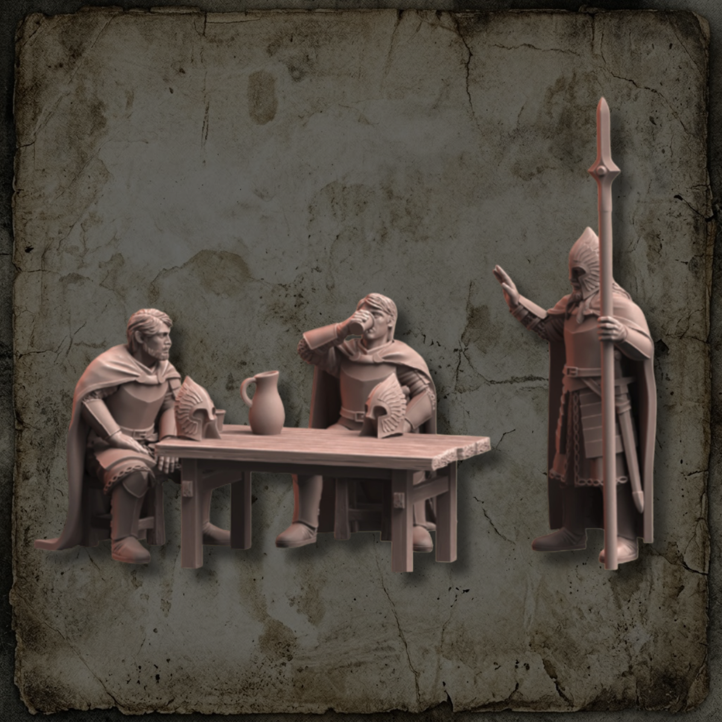 Halte des Gardes de la Citadelle avec trois figurines autour d’une table pour jeux fantasy 28-32 mm