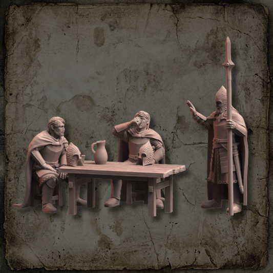 Halte des Gardes de la Citadelle avec trois figurines autour d’une table pour jeux fantasy 28-32 mm