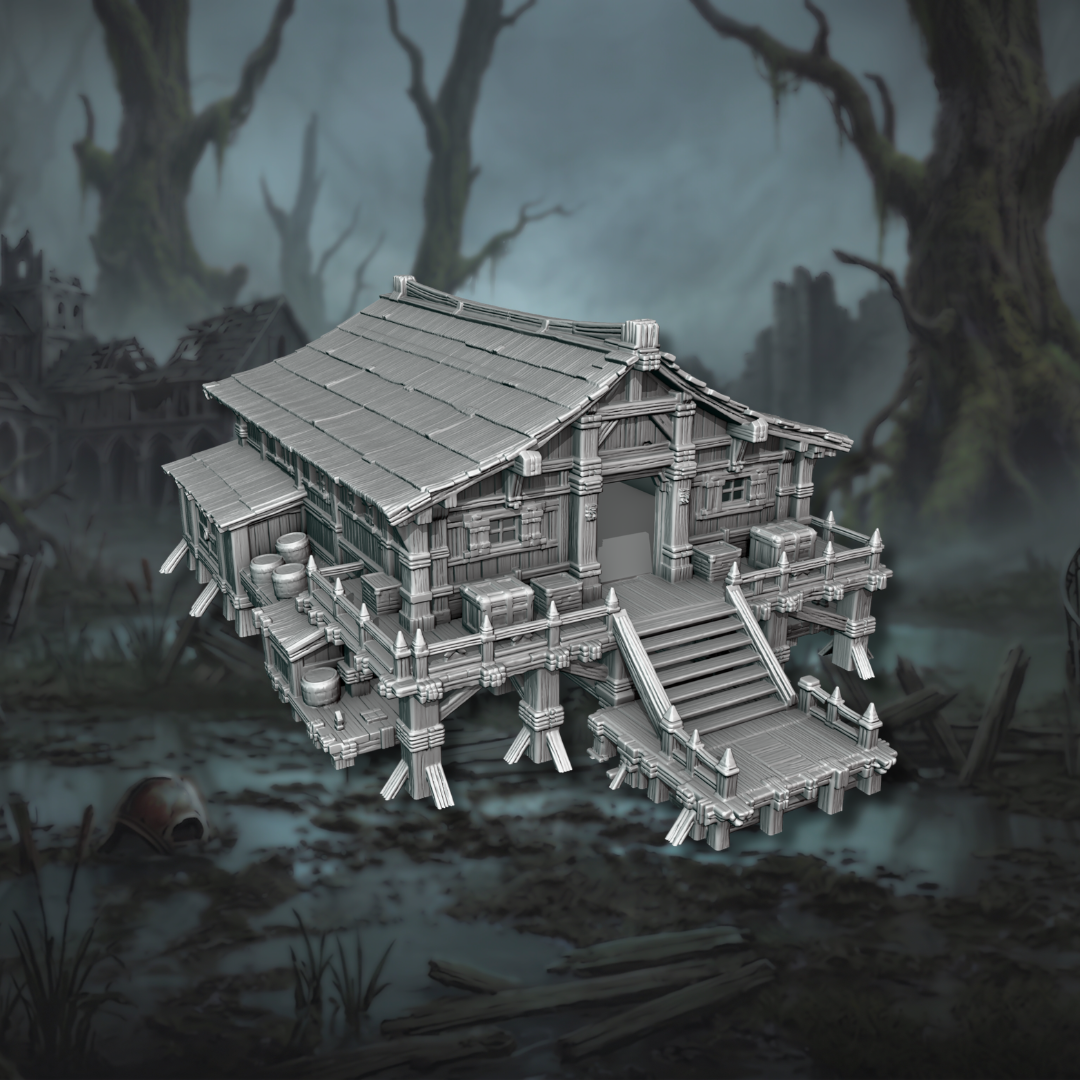 Impression 3D en plastique PLA du grand bâtiment sur pilotis Headman House avec escalier et terrasses, pour wargames de fantasy et MESBG, design Ashfall Chronicles.