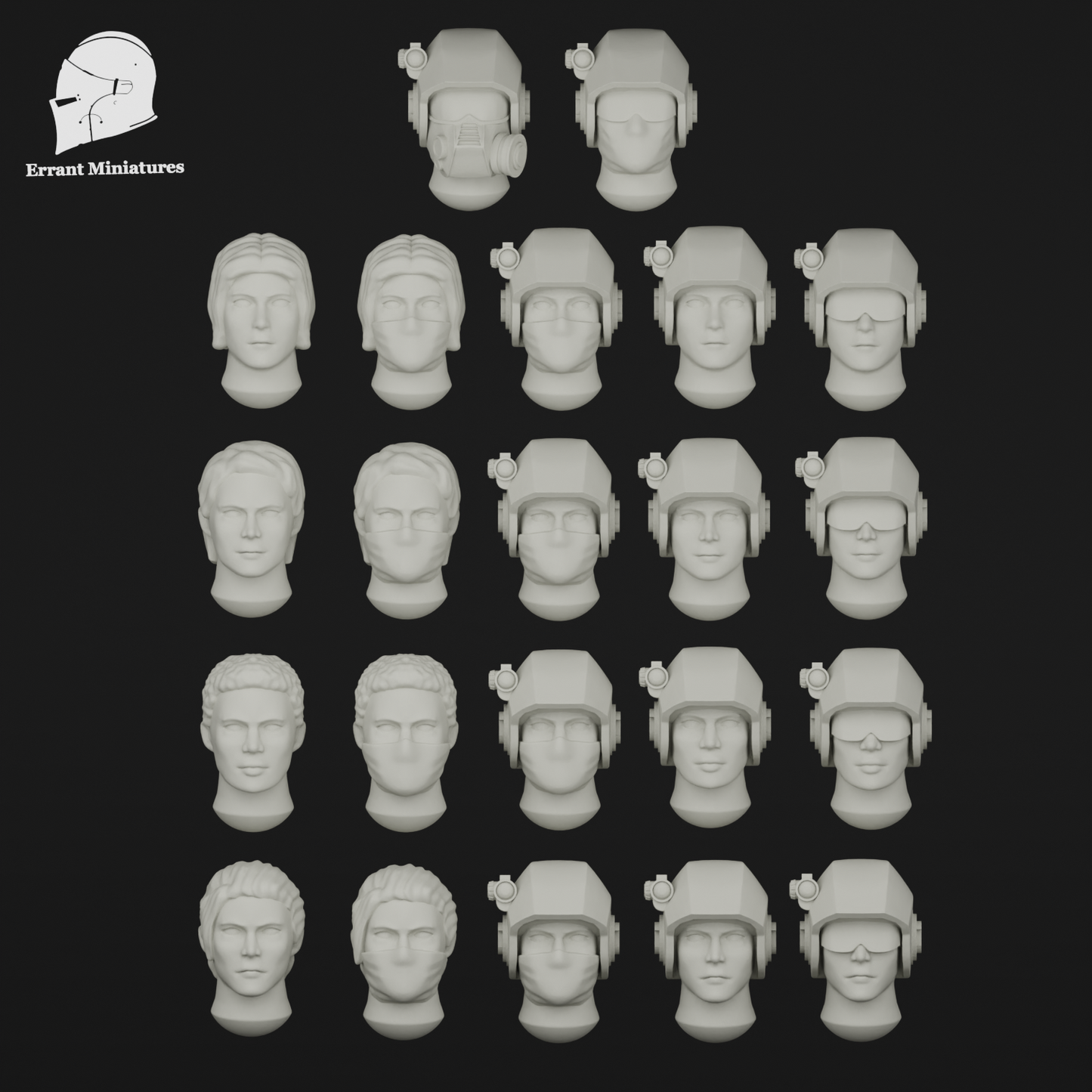 Pack de têtes féminines modulaires Imperial Contractors pour figurines de science-fiction 28 mm avec casques, masques respiratoires et visages alternatifs.