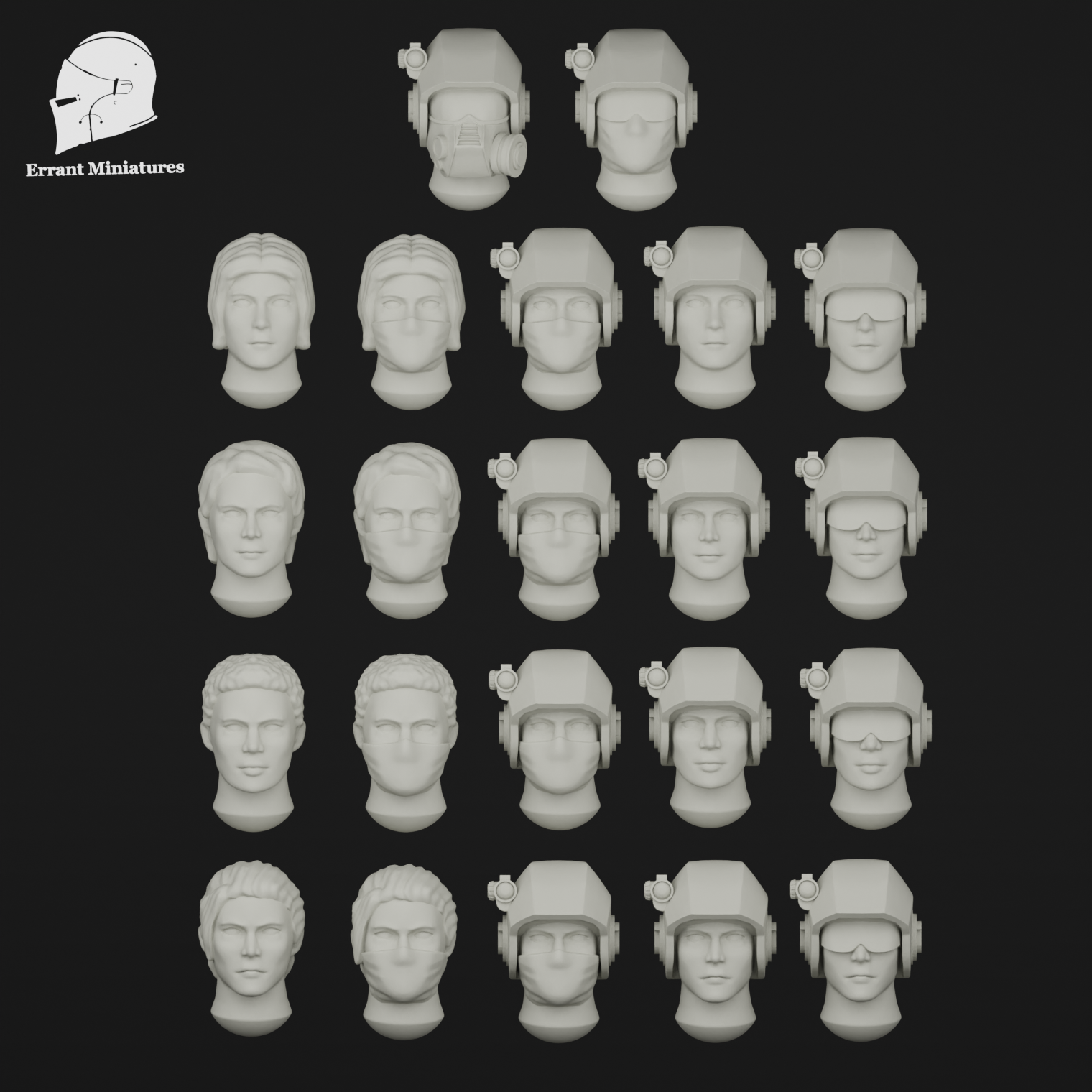 Pack de têtes féminines modulaires Imperial Contractors pour figurines de science-fiction 28 mm avec casques, masques respiratoires et visages alternatifs.