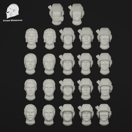 Pack de têtes féminines modulaires Imperial Contractors pour figurines de science-fiction 28 mm avec casques, masques respiratoires et visages alternatifs.