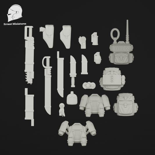 Pack d’accessoires tactiques Imperial Contractors comprenant sacs, radios, couteaux, grenades et réacteurs dorsaux pour figurines 28-32 mm.
