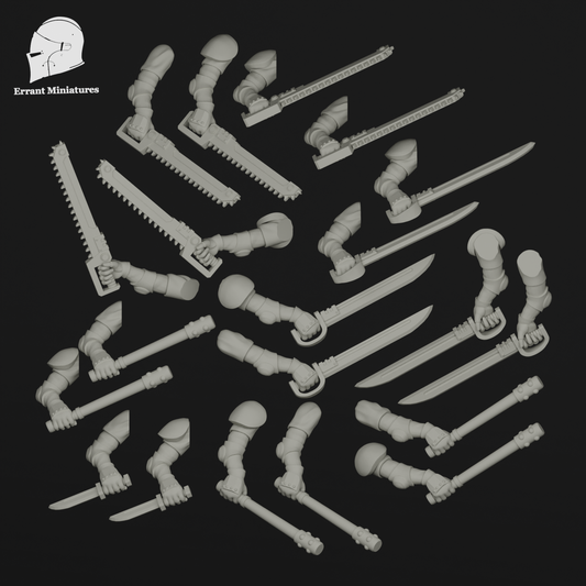 Pack d'armes de corps à corps Imperial Contractors comprenant tronçonneuses de guerre, épées énergétiques et armes d'assaut pour figurines 28-32 mm.