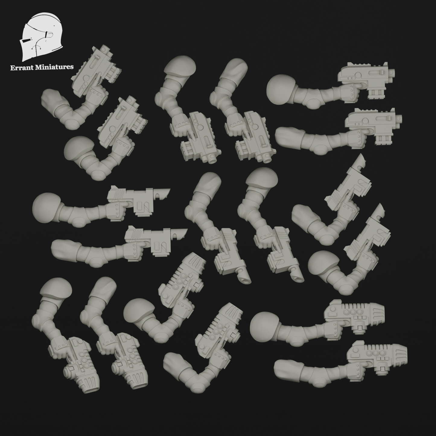 Pack d'armes de poing Imperial Contractors comprenant plusieurs modèles de pistolets et bras de conversion pour figurines 28-32 mm.