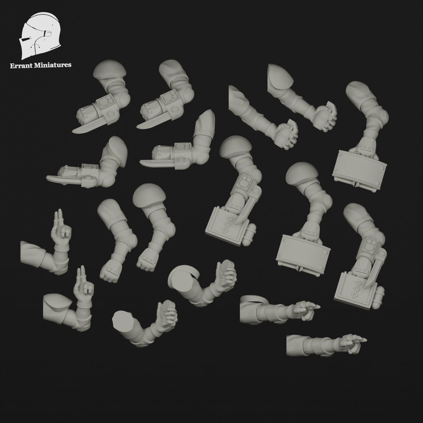 Pack de bras utilitaires Imperial Contractors comprenant grenades, couteaux, tablettes tactiques et poses de commandement pour figurines 28-32 mm.