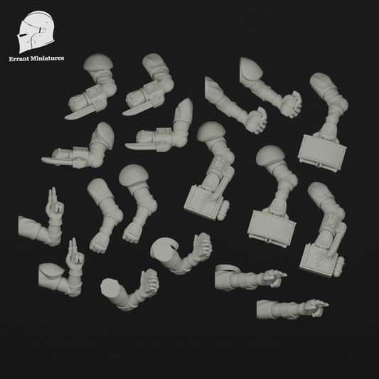 Pack de bras utilitaires Imperial Contractors comprenant grenades, couteaux, tablettes tactiques et poses de commandement pour figurines 28-32 mm.