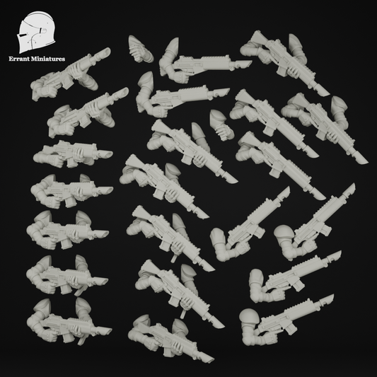 Pack de bras armés de lasguns Imperial Contractors pour figurines de science-fiction 28-32 mm avec plusieurs poses de tir et d'avancée.