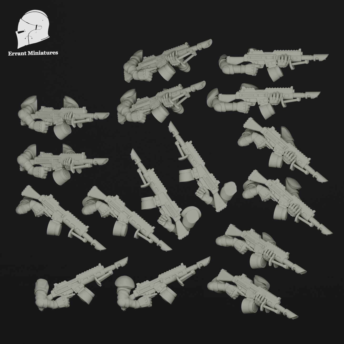 Pack de Support Weapons Imperial Contractors pour figurines de science-fiction 28-32 mm avec plusieurs armes lourdes et poses de tir.