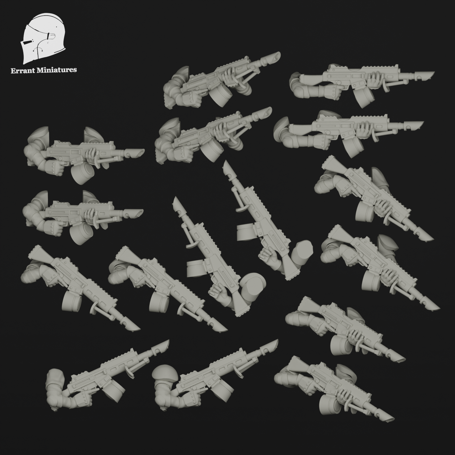 Pack de Support Weapons Imperial Contractors pour figurines de science-fiction 28-32 mm avec plusieurs armes lourdes et poses de tir.