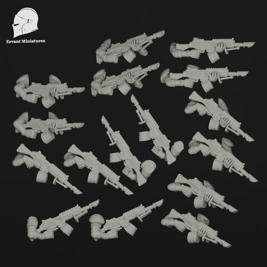 Pack de Support Weapons Imperial Contractors pour figurines de science-fiction 28-32 mm avec plusieurs armes lourdes et poses de tir.