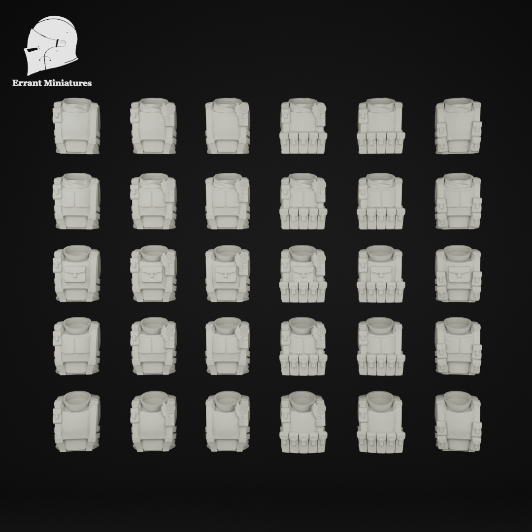 Pack de 30 torses modulaires Imperial Contractors pour figurines de science-fiction 28-32 mm avec différentes variantes d'équipement.