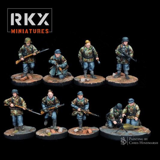 Escouade Luftwaffe Field Division de RKX Miniatures composée de neuf figurines d'infanterie en résine 28 mm pour jeux de figurines historiques.